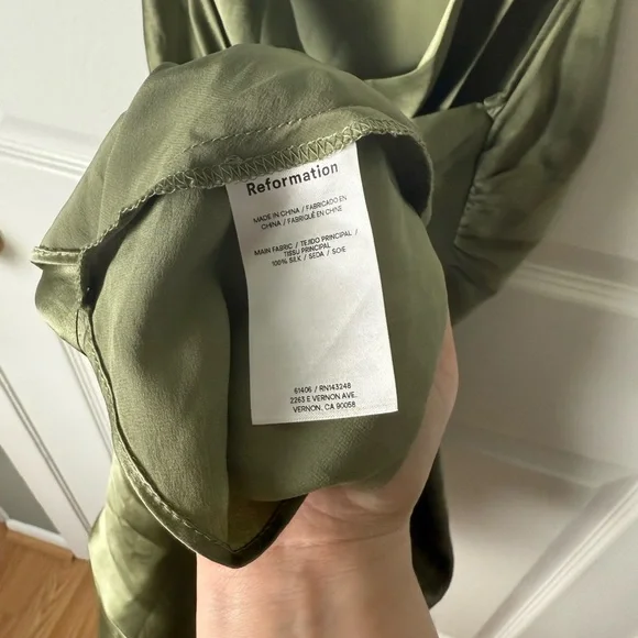 Reformation Casette Silk Dress in Artichoke 6 - Picture 11 of 13